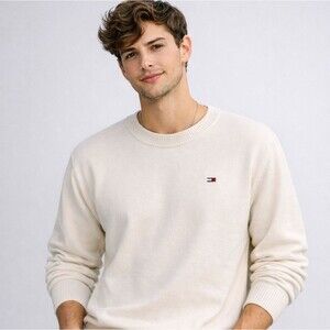 Tommy Hilfiger Cream Crewneck Sweater Mens M Classic Flag Logo